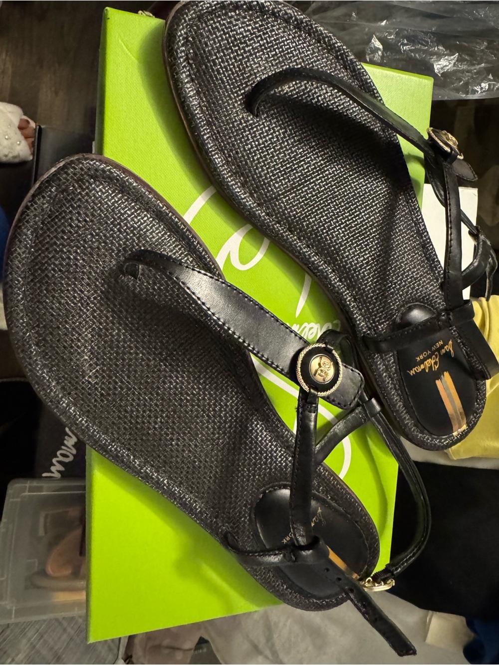 Sam Edelman Black T-Strap Leather Sandals with Gold Emblem